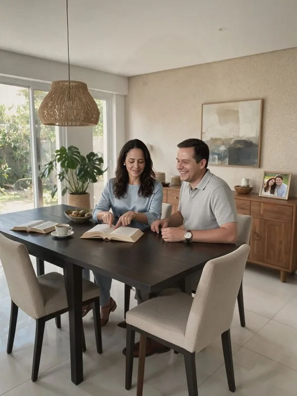 Casal sentado à mesa lendo a Bíblia juntos