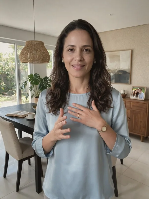 Mulher sorrindo, de blusa azul-clara, na sala de jantar de casa